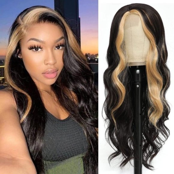 Other - 26" Lace Front Side Part Body Wave Wig Skunk Front Blonde